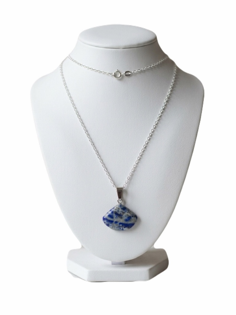 New S925 Sterling Silver Chain Necklace Artisan Blue Lapis Lazuli Fan Pendant
